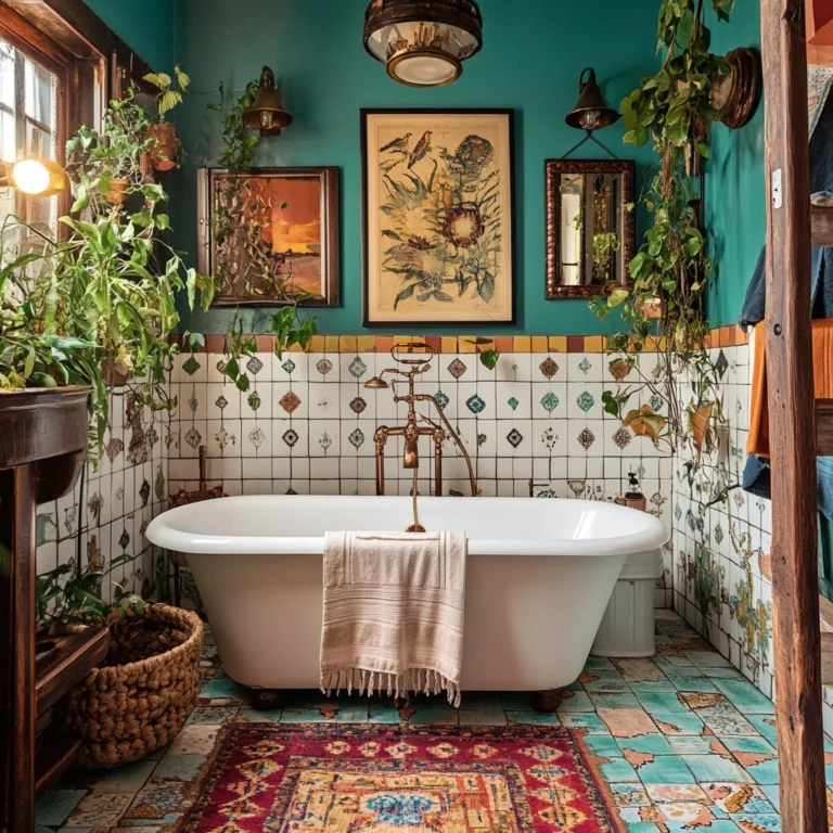 Vintage Bathrooms with boho-chic style, featuring eclectic furniture, DIY renovation projects, hippie-inspired decor, reclaimed wood accents, vibrant tiles, ambient lighting, and modern touches in a dream house setting, high resolution
