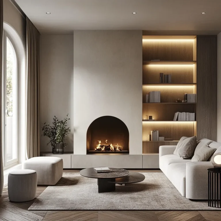 Small living room ideas with fireplace featuring layered lighting and bold accent colors
