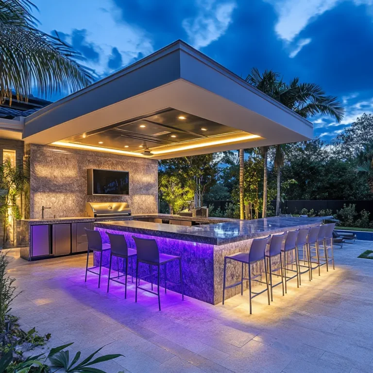 Outdoor kitchen island with modern decor in a vibrant setting