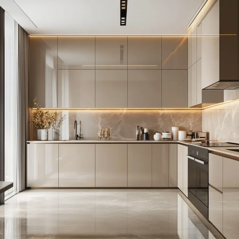 Bright modern kitchen with beige kitchen cabinets and LED lighting