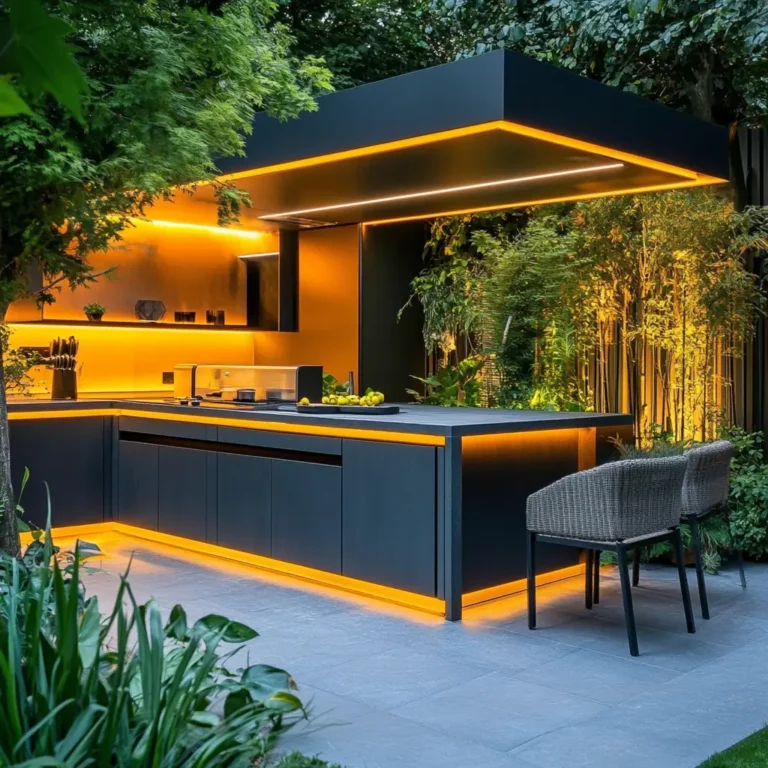 Modern outdoor kitchen cabinets in a vibrant outdoor setup
