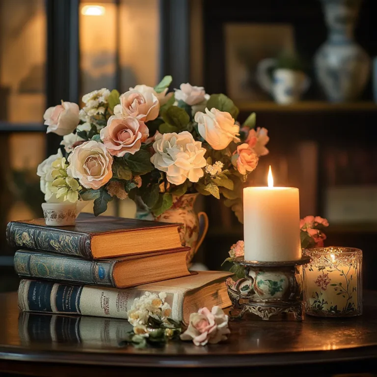 Vintage book centerpiece ideas with candlelight and floral accents