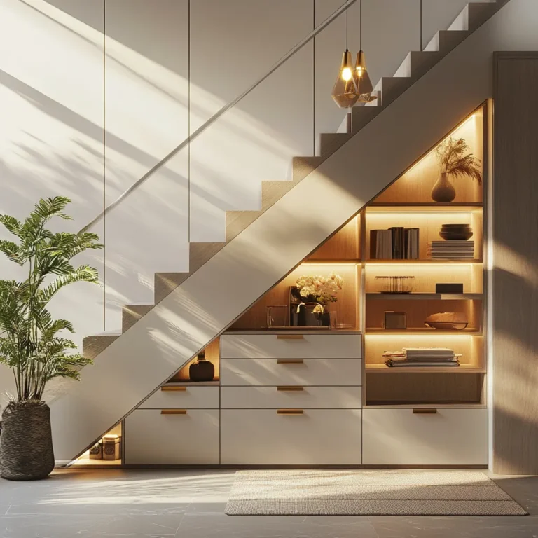 Under Stairs Storage Solutions with custom shelves and modern lighting