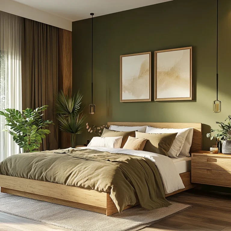 Stylish olive green bedroom with modern lighting and furniture