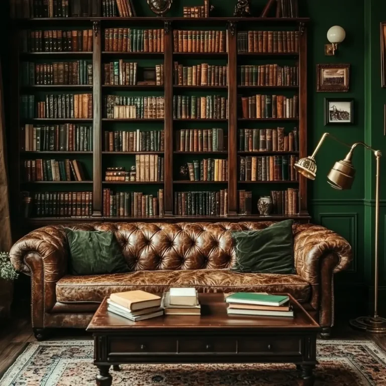Unique dark academia living room with antique bookshelves, rich wooden furniture, and moody lighting.