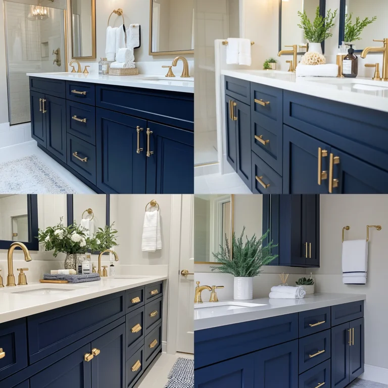 DIY painted navy blue bathroom cabinets with a modern, elegant finish.