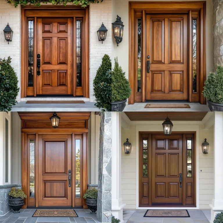 Classic raised panel entrance door design with wooden texture and sophisticated details.
