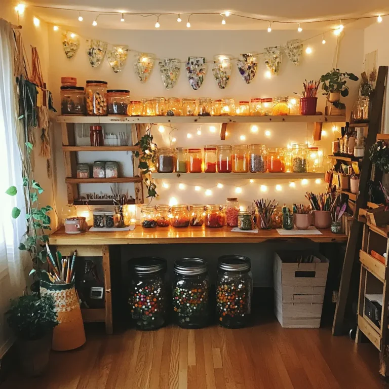 DIY room decor with mason jar organizers and glowing string lights.