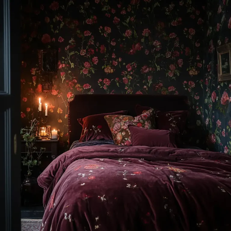 Dark romantic bedroom design featuring velvet bedding and candle-lit ambiance for a mysterious and luxurious feel.