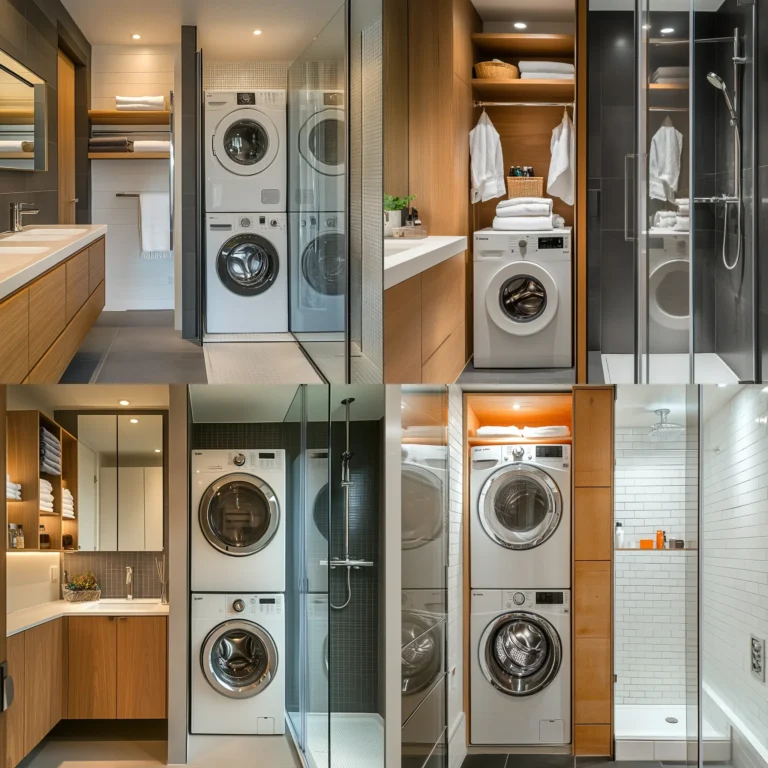 Compact Bathroom with Washing Machine design with stacked washer and dryer unit.