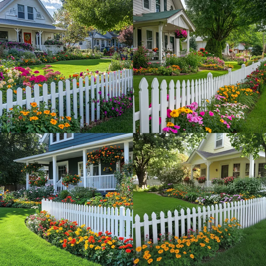 Classic white picket fence design in a front yard with lush greenery and flowers.