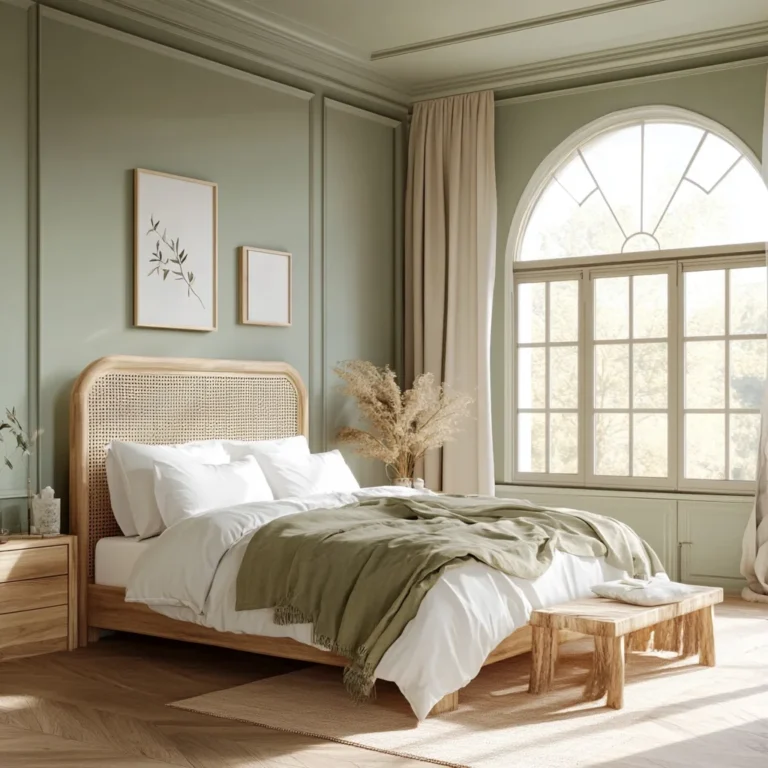 Sage green bedroom decorating ideas with modern lighting and cozy furniture