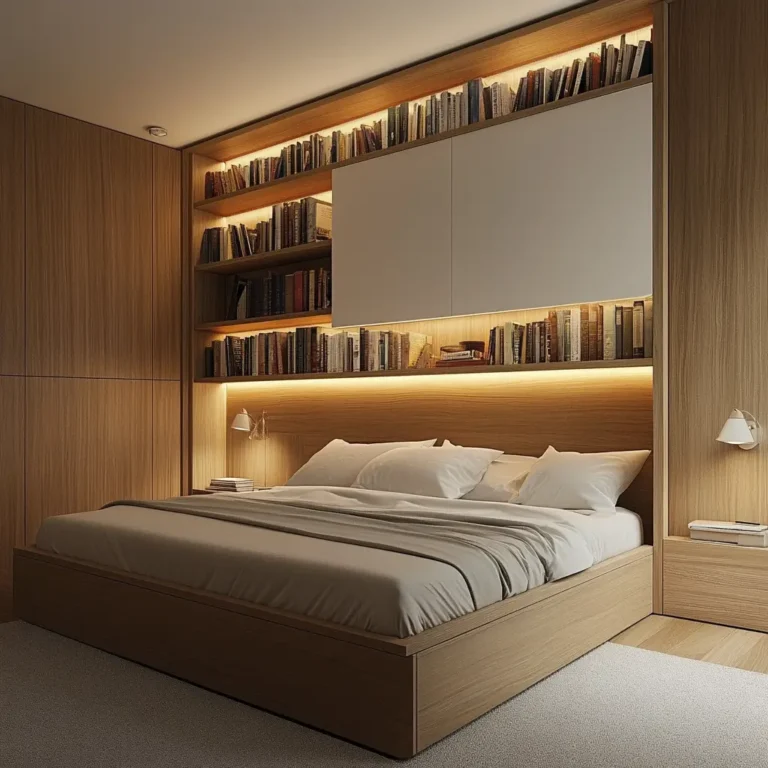 A modern bedroom with a hidden library inside the bedhead, featuring sleek wooden panels and warm LED lighting.