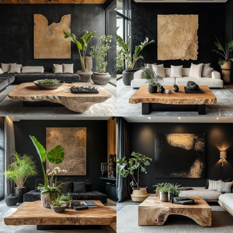 Organic modern black living room with wooden furniture, black accents, and natural textures