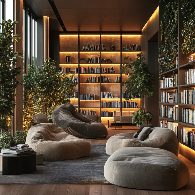 A modern library with cozy seating, warm lighting, and indoor plants for a natural ambiance