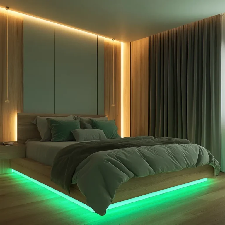 A modern bedroom with soft green LED strip lights illuminating the headboard and ceiling, creating a relaxing ambiance.