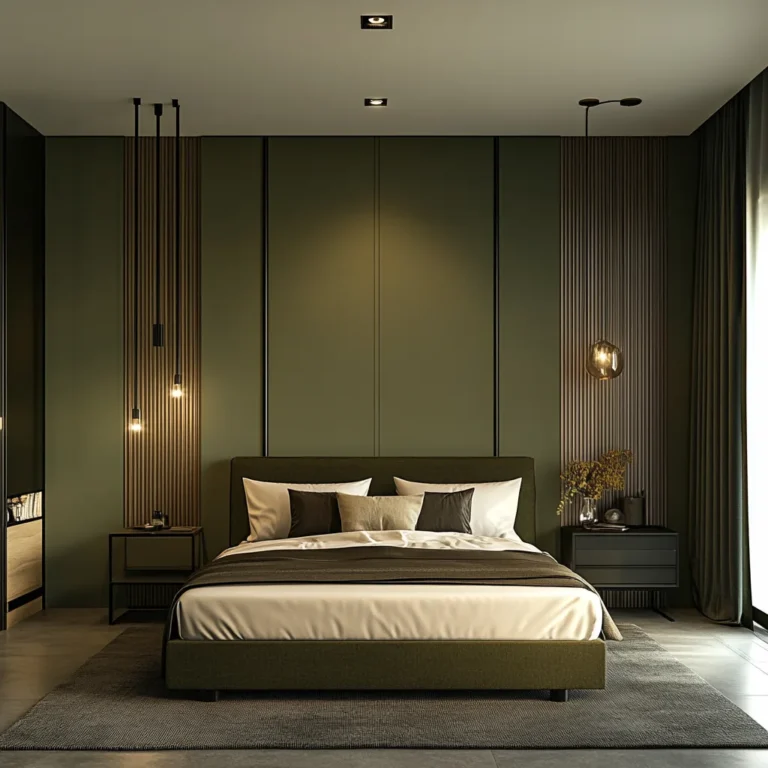 Modern olive green bedroom with natural decor and soft lighting