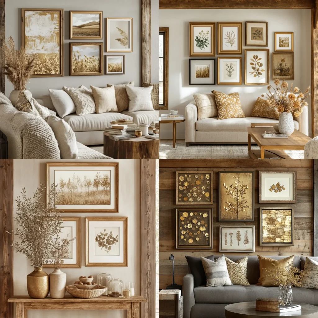 Rustic wood and gold gallery wall with wooden frames and gold accents.