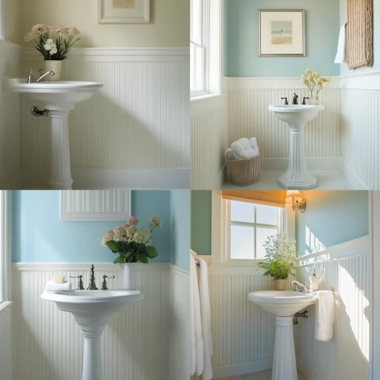 White beadboard wainscoting in a small bathroom with pastel-colored walls.