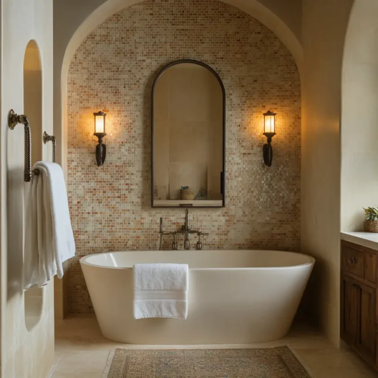 Elegant Modern Mediterranean Bathroom with warm lighting and mosaic tiles.