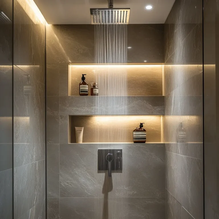 Small shower with rain shower head and built-in niche in a modern bathroom.