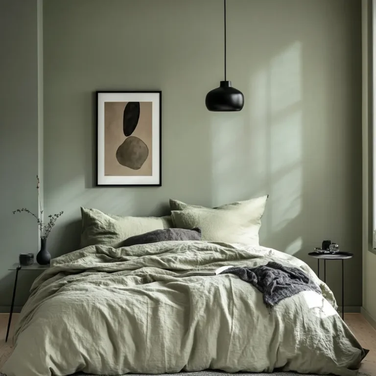 Cozy sage green bedroom with minimalist decor, soft bedding, and modern lighting.