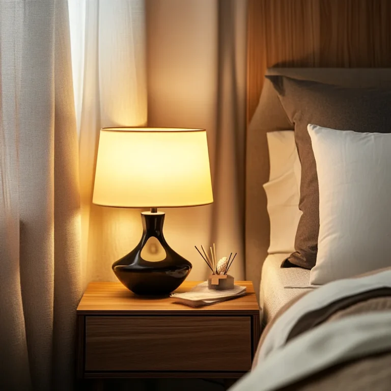 Modern night stand lamp on a bedside table in a cozy bedroom