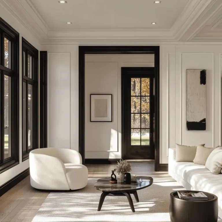 Black trim interior design featuring elegant contrast between dark moldings and bright walls in a modern living space.