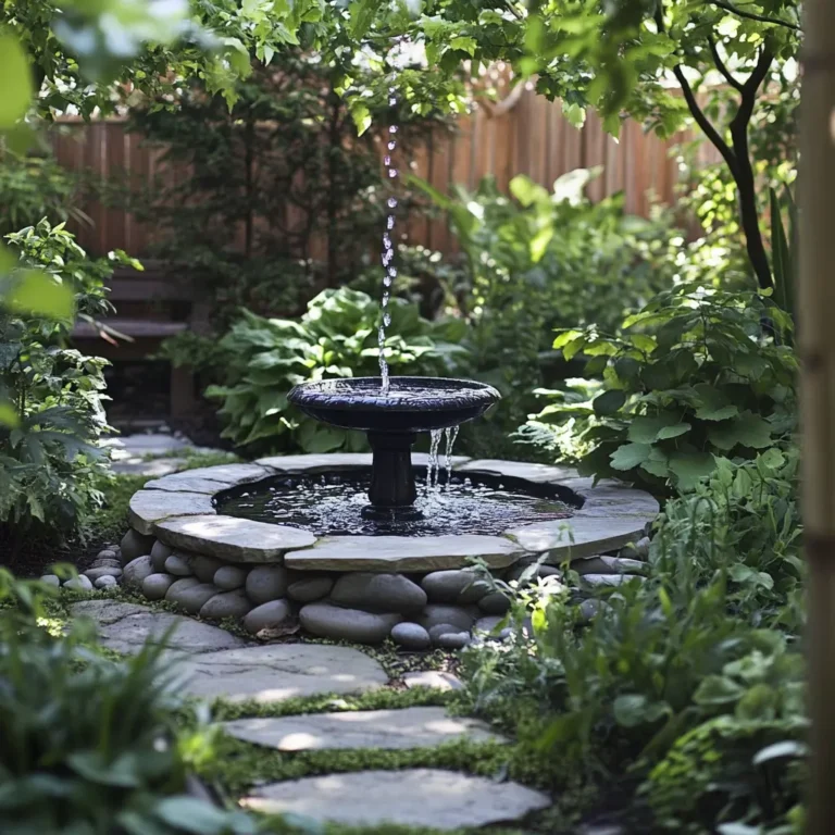 A serene small water fountain in a cozy backyard garden, surrounded by plants and a stone pathway.
