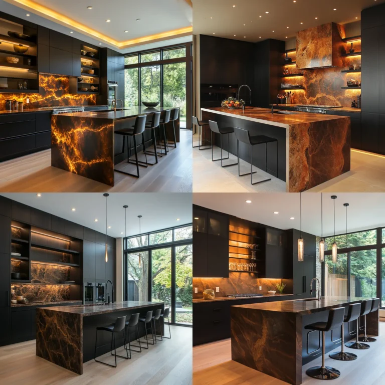 Black and brown modern kitchen with marble countertops and warm lighting.
