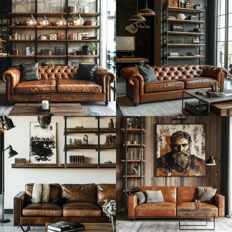 Living room with brown leather sofa and industrial accents in eclectic masculine decor style.
