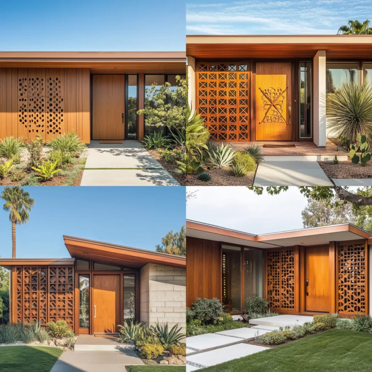 Mid-century modern home with wooden shutters and geometric design.