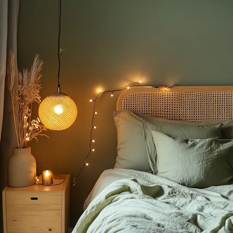 Sage green bedroom with soft lighting and cozy decor.