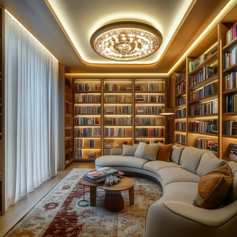 Cozy home library featuring LED strip ceiling lighting, creating a warm and inviting reading space.