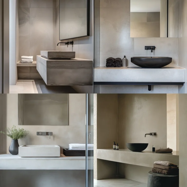 Minimalist concrete sink vanity with floating design and sleek vessel sink.