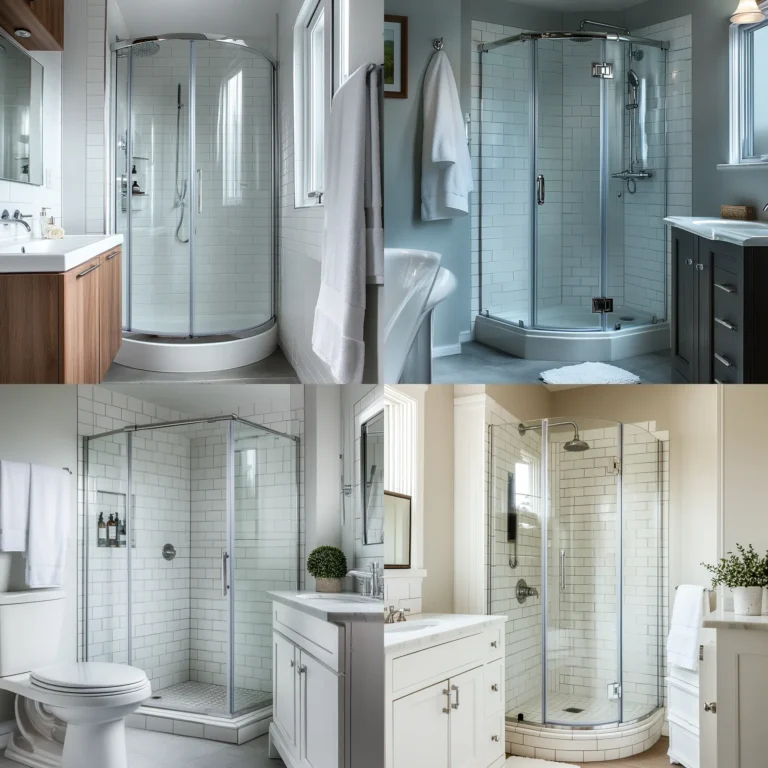 Small bathroom corner shower stall with glass enclosure and modern fixtures.