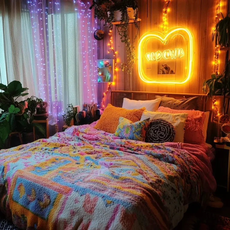 A dopamine decor-inspired bedroom with vibrant colors and layered textures.