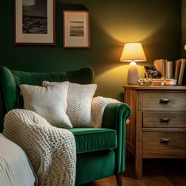 Green bedroom with cozy textiles, including a velvet emerald armchair and knitted throw.