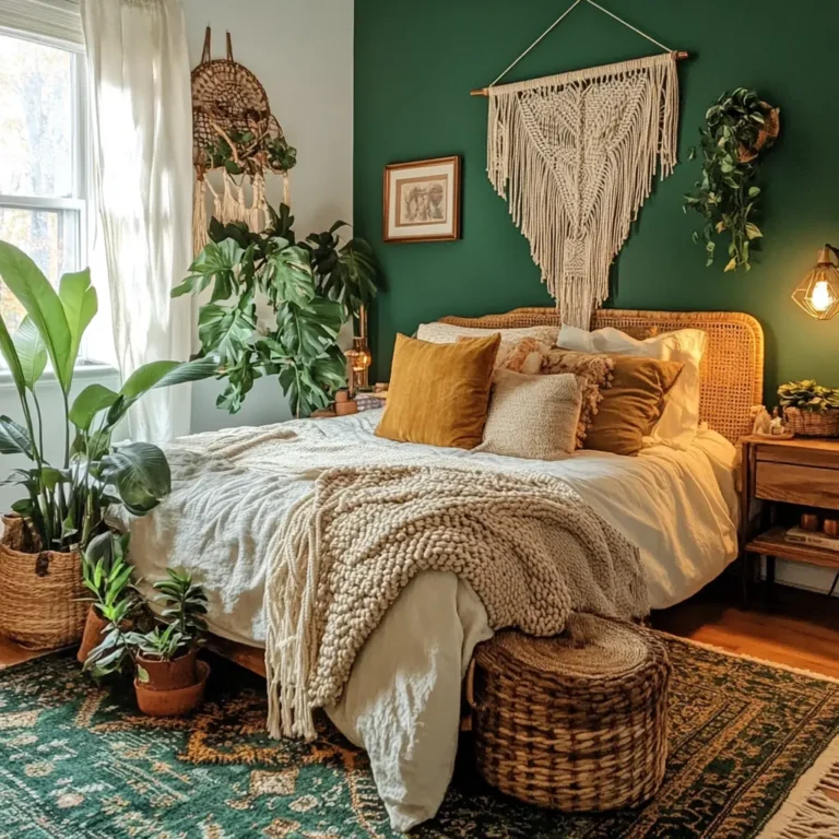 Cozy green bedroom with bohemian accents, featuring macramé decor and lush indoor plants.