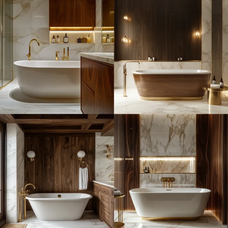 Elegant Bathroom Wood and Marble with dark wood cabinetry and white marble countertops.