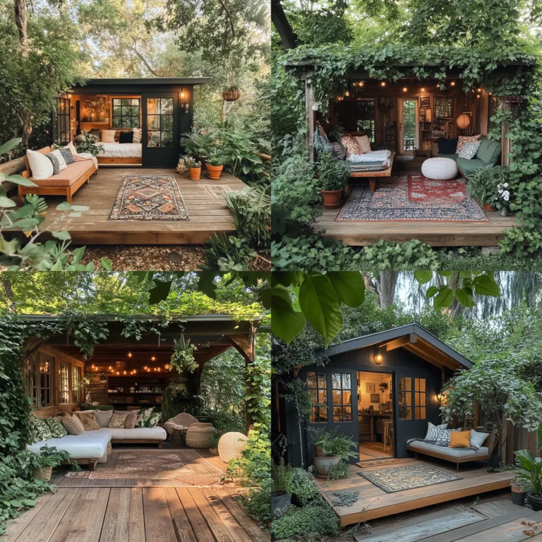 Cozy she shed exterior with a wooden deck and outdoor seating, perfect for relaxation.
