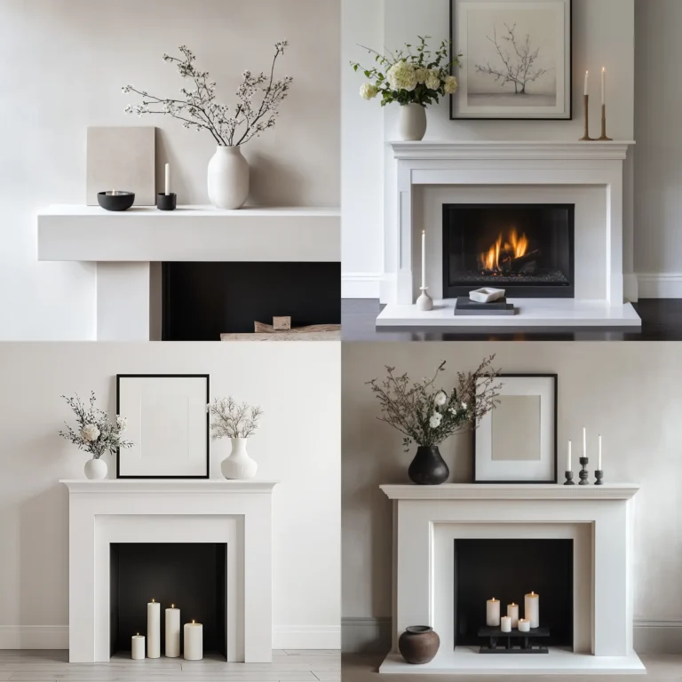 Minimalist white mantle fireplace with a simple yet elegant decor