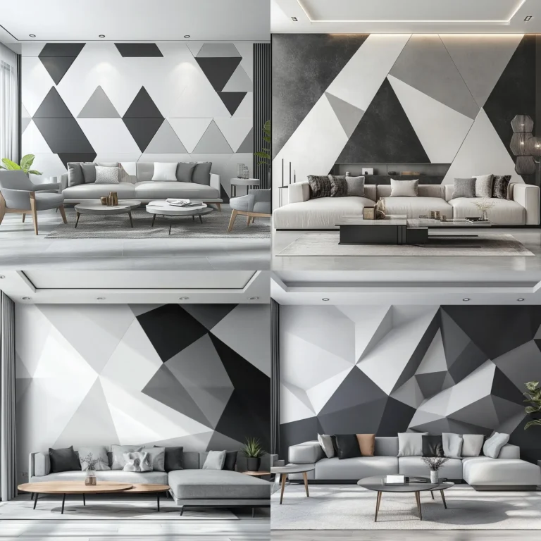 Two-tone triangle wall paint geometric design in a modern living room.