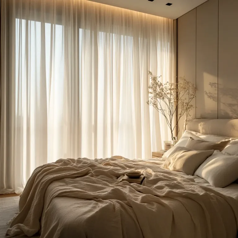 phere. Image Alt Attribute: Bedroom curtains ideas featuring sheer white drapes in a cozy modern setting.