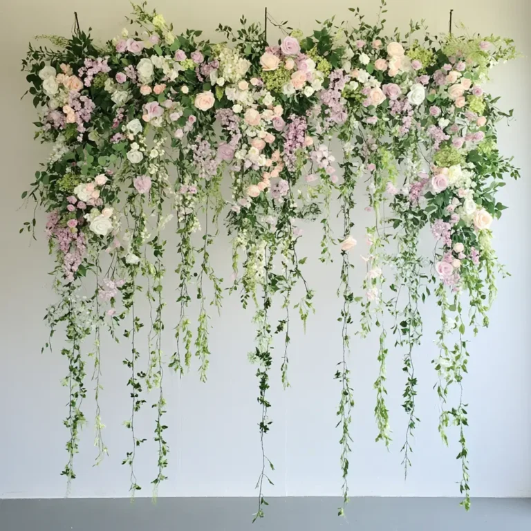 DIY floral backdrop with greenery and flowers, perfect for weddings and parties.