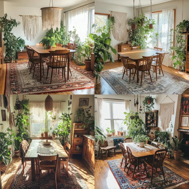 A cozy boho eclectic dining room with plants, macramé, and a wooden dining table.