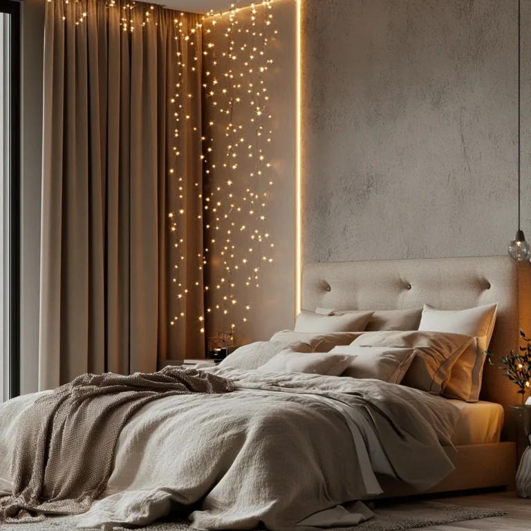 modern fairy lights bedroom with textured decor