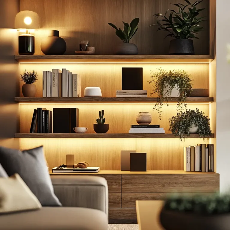 Modern floating custom shelf designs in a stylish living room
