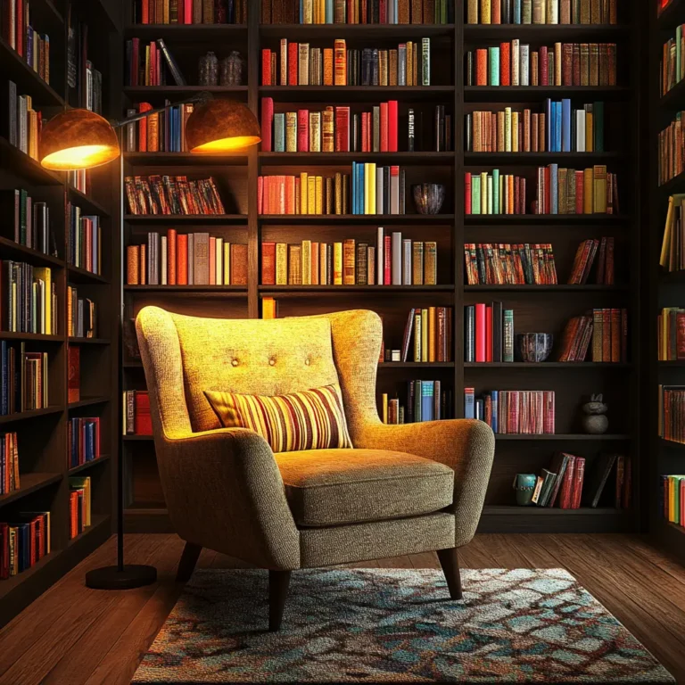 Cozy reading nook library zone in living room with comfortable seating and warm lighting.