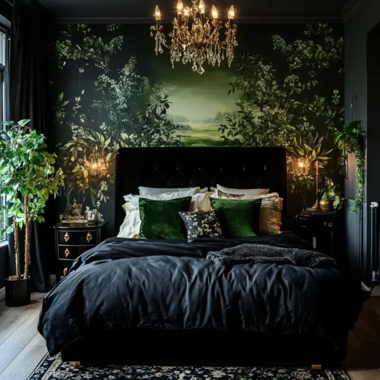 accents. Image Alt Attribute: Dark botanical bedroom with lush greenery and elegant décor.